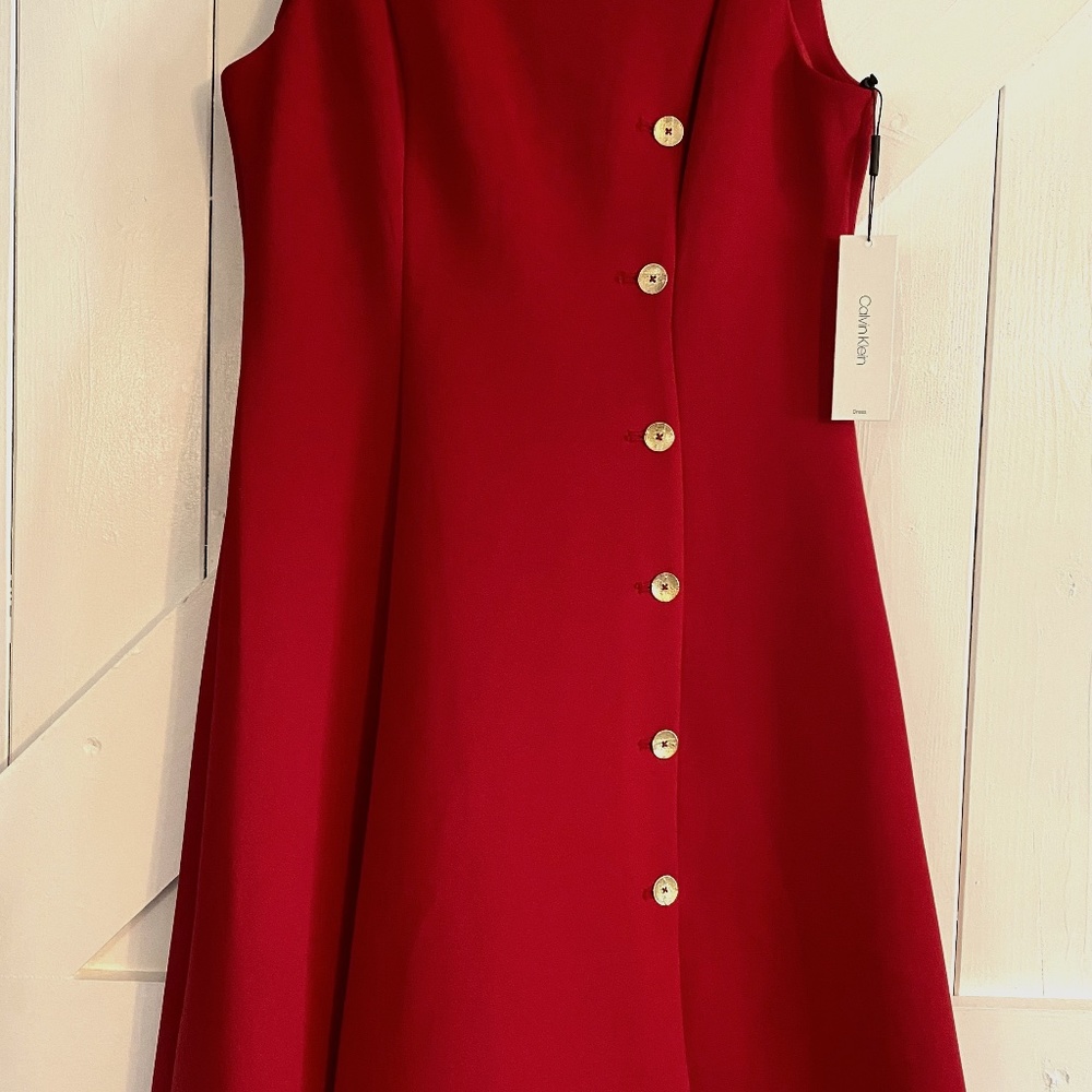 Calvin Klein Sleeveless Fit and Flare Dress with Gold Side Button Detail SZ 12